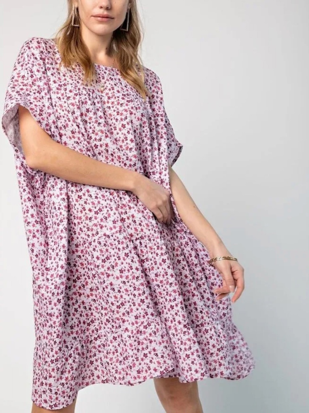 Easel - Purple Oversized Poly Crepe Vintage Floral Print Tiered Mini Dress - 2X